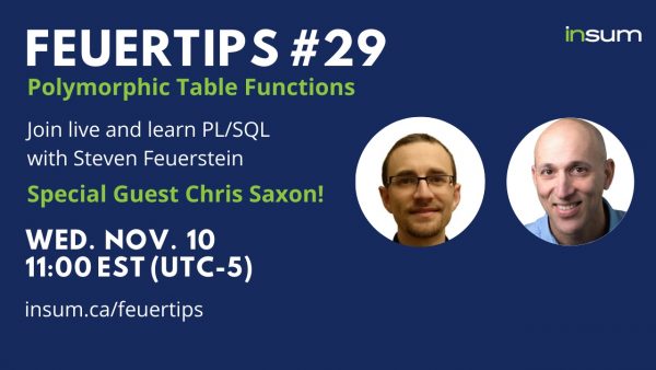 In this episode of Feuertips, Steven invites Chris Saxon back to #Feuertips to talk about polymorphic table functions.